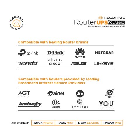 RESONATE RouterUPS® Pro | 30% more Backup | Jio Fiber & Airtel Xstream | Up to 8 hours, 4x2600mAh | Router Mini UPS | For Advanced Routers, WFH VPN Friendly | 12V,